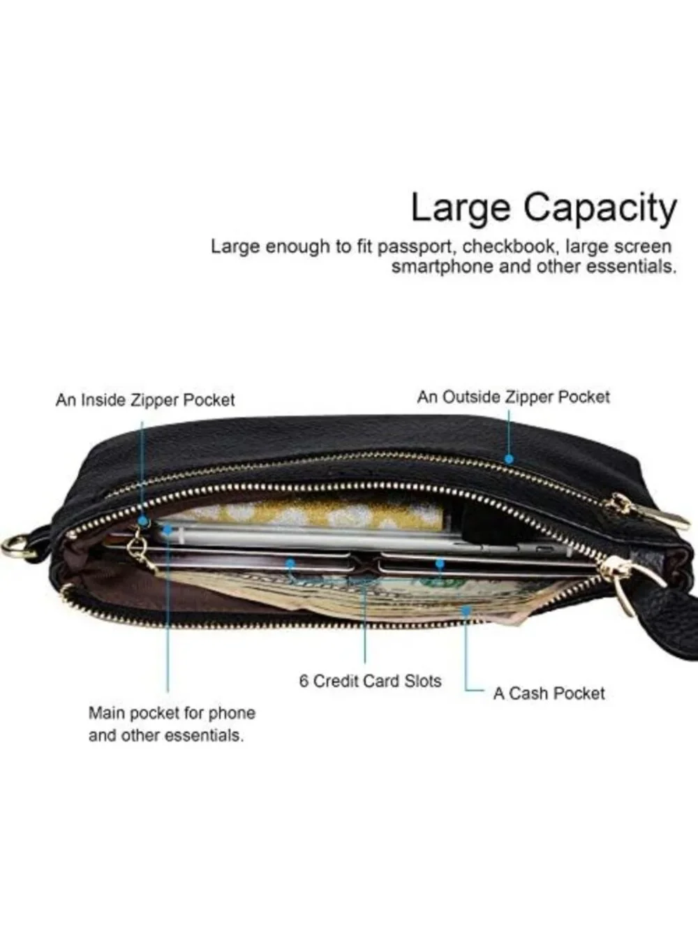Genuine Leather RFID Blocking Wristlet Clutch Bag for Cell Phone & Essentials